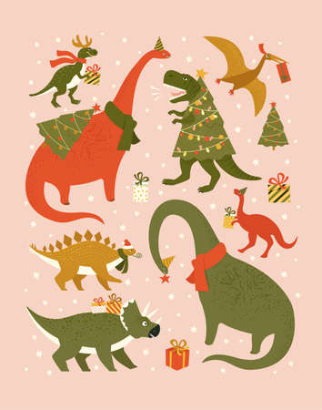 Christmas holiday set with festive dinos. Dinosaurs in Santa hat decorates Christmas tree garland lights. Vector cute winter characters.のイラスト素材