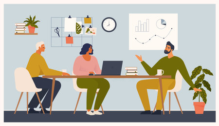 Scene at office. Men and woman sit taking part in business meeting, negotiation, brainstorming, talking to each other. Colorful vector illustration in flat cartoon style.のイラスト素材