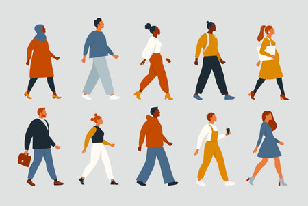 Crowd of young and elderly men and women in trendy hipster clothes. The diverse group of stylish people going together. Society, social diversity. Flat cartoon vector illustration.のイラスト素材