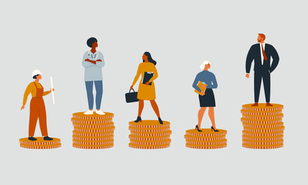 Rich and poor people with different salary, income or career growth unfair opportunity. Concept of financial inequality or gap in earning. Flat vector cartoon illustration isolated.のイラスト素材