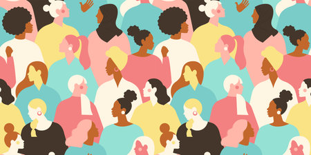 International Womens Day. Vector seamless pattern with with groupe of women different nationalities and cultures. Struggle for freedom, independence, equality.のイラスト素材
