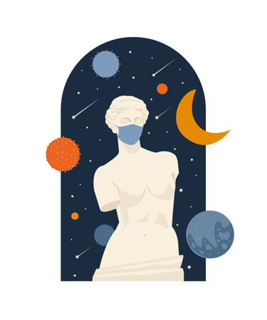 Female Antique statue. Museum of the pandemic lockdown ovid time. A woman without hands. Mythical, ancient greek style. Hand drawn Vector illustration. Classic statue in modern style.のイラスト素材
