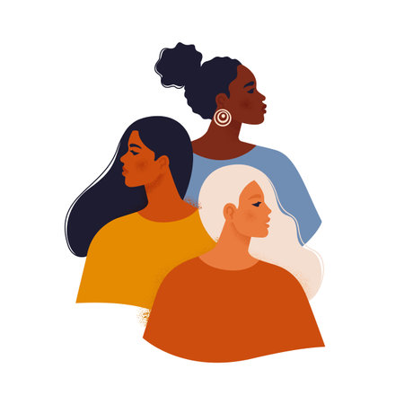 Multi ethnic beauty. Female diverse faces of different ethnicity African, Asian, Chinese, European, Latin American, Arab. Women of different nationalities and cultures.のイラスト素材