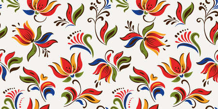 Seamless floral pattern with bright colorful flowers and tropic leaves on a white background. The elegant the template for fashion prints. Modern floral background. Trendy Folk style.のイラスト素材