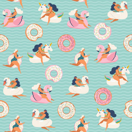 Flamingo, unicorn, swan and sweet donut inflatable swimming pool floats. Vector seamless pattern.のイラスト素材