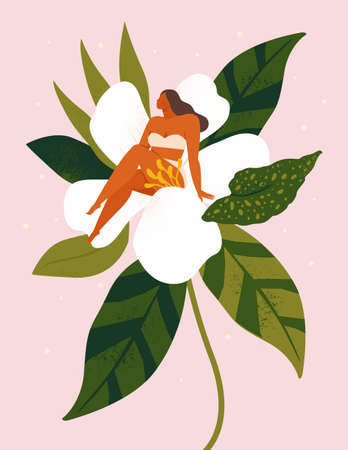 Little woman sitting on wonder the huge spring flower. Vector illustration.のイラスト素材