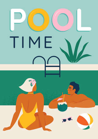 Young couple relaxing by the pool seated, swimming in the pool and umbrella vector illustration poster design.のイラスト素材