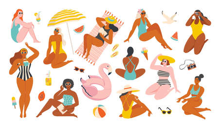 Summer collection. Vector illustration of resting women and objects and fruits issociated with summer holidays and vacation by the sea. Creator scene in a flat style.のイラスト素材