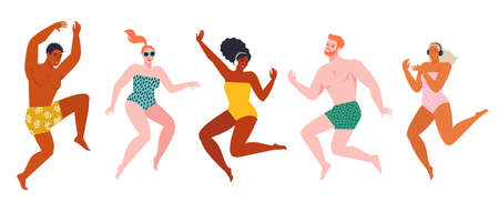 Group of Young people carefree attractive shiny modern multiethnic good mood flying air isolated travel sale summer conceptのイラスト素材