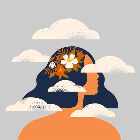 The concept of a step into the unknown future. The head of a man in the clouds.のイラスト素材