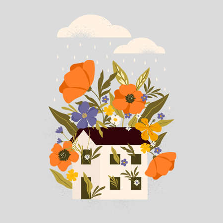 Flowers growing inside a tiny house. HOME SWEET HOME. Lovely house surrounded by bright colors. Print, card, poster, postcard, banner design element.のイラスト素材