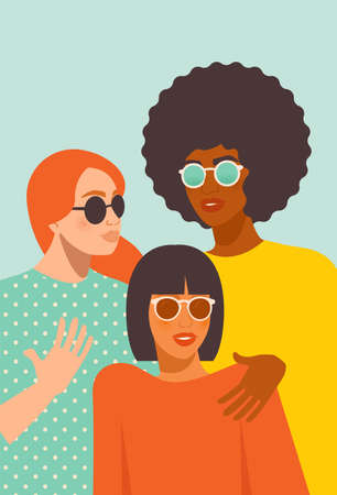 Female diverse faces of different ethnicity. Women empowerment movement. International womens day graphic in vector. Mid Century Modern Artのイラスト素材