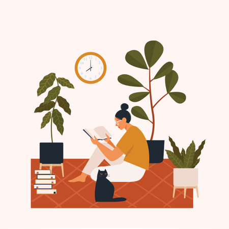 Young woman sitting on a floor and reading a book.のイラスト素材