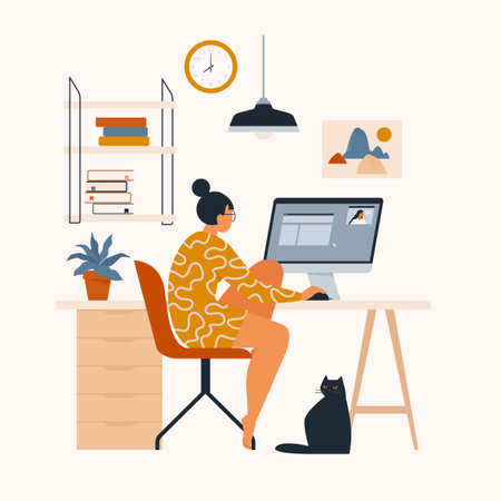 Woman working at her desk at home. She has a lot of work.のイラスト素材