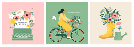 Spring set of postcards. A typewriter with the text of congratulations, a girl riding a bicycle, a bouquet in a rubber boot and a garden watering can. Elements for card, poster, flyer and other uses.のイラスト素材