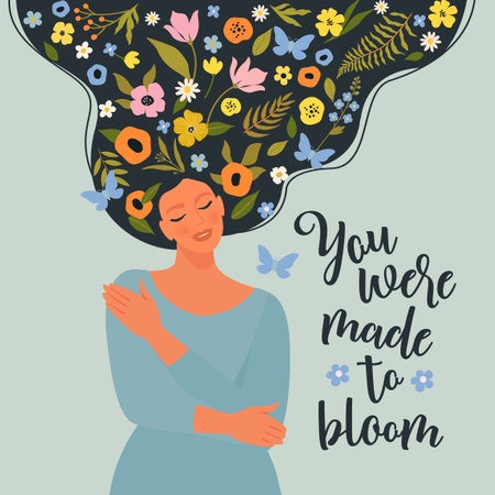 Woman with flowers in hair sits closed eyes and hugs herself. Vector illustrationのイラスト素材