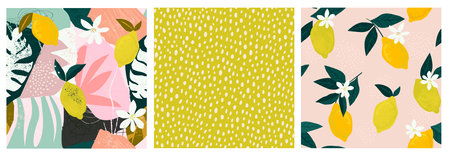 Collage contemporary lemon floral and polka dot shapes seamless pattern setのイラスト素材