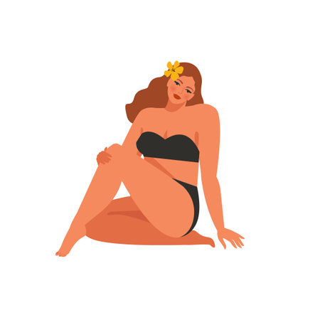 Plump chubby girl in black lingerie. A beautiful young woman sits. Vector stock illustration of plus size woman isolated on white background.のイラスト素材