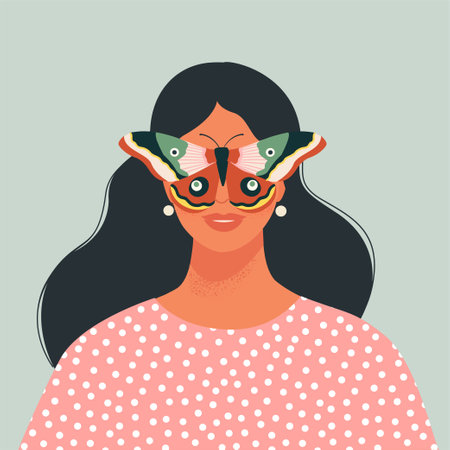 Concept art of Freedom imagination and dream. Woman with a butterfly on her face. Surreal conceptual illustration.のイラスト素材