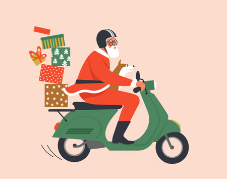 Santa Claus driving scooter delivering giftsのイラスト素材