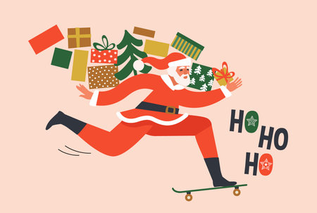 Santa running flat character dressed in Santa Claus costume hurry to have time to buy gifts.のイラスト素材