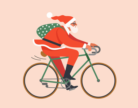 The young man or Santa Claus rides a bicycle in red hat and carries gifts. Isolated vector illustration in cartoon design.のイラスト素材