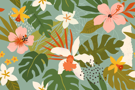 PrintTropical flowers Modern Art Future Abstract and artistic palm leaves on background. Seamless.のイラスト素材