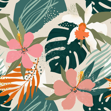 Orchids Tropical flowers and artistic palm leaves on background. Seamless. Vector pattern.のイラスト素材