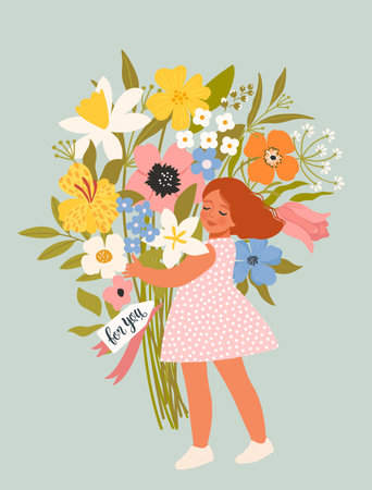 The child is hidden behind a large bouquet of flowers, for the best mom, cute vector illustration for Happy Mother's Day.のイラスト素材