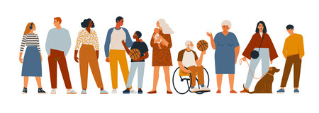 Crowd of tiny people wearing stylish clothes. Fashionable men and women at fashion week. Group of male and female cartoon characters dressed in trendy clothing.のイラスト素材