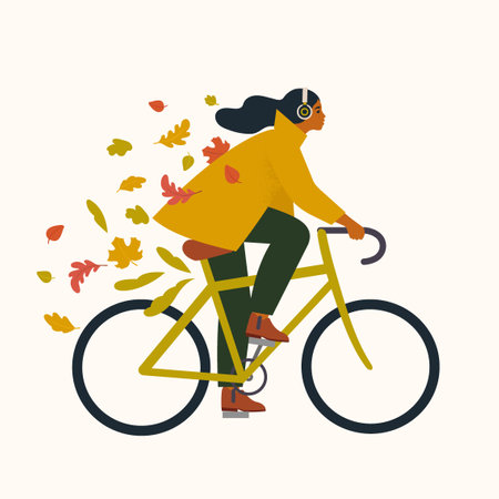 Healthy lifestyle, sport, outdoor activity concept. Fitness sport exercises. Person riding bicycle listen to music. Hello Autumn. Autumn mood.のイラスト素材