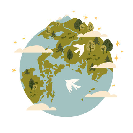 Abstract Earth globe with green continents and celestial oceans. Icon of world or planet drawn in doodle style. Colored flat vector illustration isolated on white background. Earth day.のイラスト素材