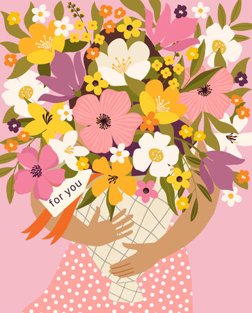 Woman holding flower bouquet, delicate summer blooms. Girl with blossom bunch, gift, hiding face behind gorgeous floral bunch, garden blooms.のイラスト素材