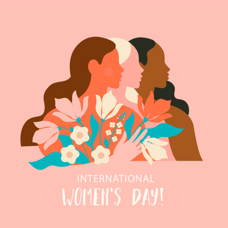 International Womens Day banner. Vector illustration in modern flat style of a group of diverse multiracial women with flowers. Isolated on pink backgroundのイラスト素材