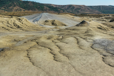Active mud volcanoes park captured in Romaniaの写真素材