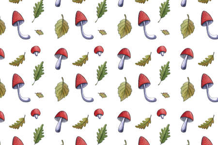 Hand drawn watercolor autumn floral mushroom leaf seamless pattern on white background. Fall, leaf fall, Thanksgiving day, forest, harvest, harvesting.の写真素材
