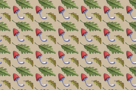 Botanical seamless pattern with red mushrooms. Natural elements hand painted with color pencils. Floral watercolor backgroundの写真素材
