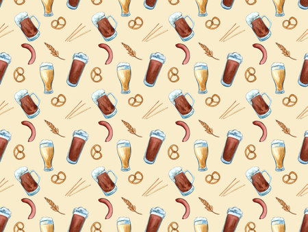 Beer icons seamless pattern (hop branch, wooden barrel, glass of beer, beer can, bottle cap, beer mug, barley). Oktoberfest background.の写真素材