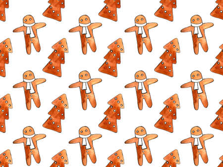 Seamless pattern of cute watercolor gingerbread. Christmas gingerbread cookies. Christmas decorations.の写真素材