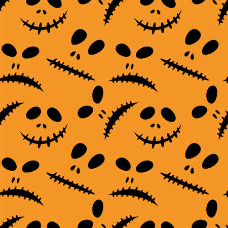 Seamless pattern with halloween carved jack faces silhouettes on black background. Can be used for scrapbook digital paper, textile print, page fill. Vectorのイラスト素材