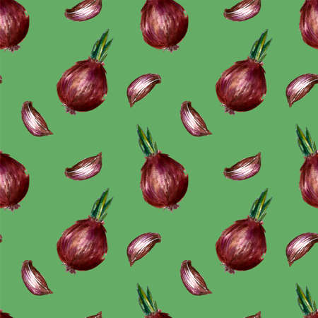 Onion, rosemary and garlic watercolor illustrations set seamless pattern. Autumn, fall, harvest.の写真素材