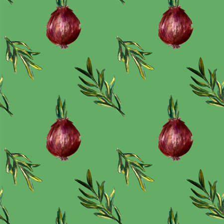 Onion, rosemary and garlic watercolor illustrations set seamless pattern. Autumn, fall, harvest.の写真素材