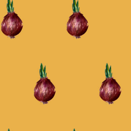 Onion, rosemary and garlic watercolor illustrations set seamless pattern. Autumn, fall, harvest.の写真素材