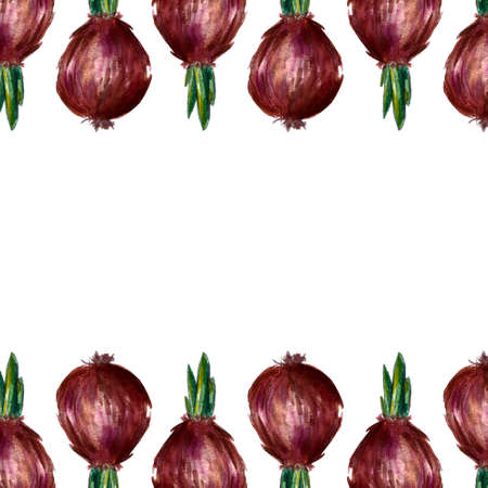 Onion, rosemary and garlic watercolor illustrations set frame. Autumn, fall, harvest.の写真素材