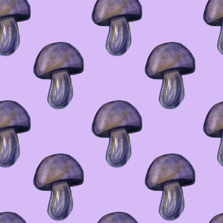 Hand-drawn watercolor seamless pattern of the different mushrooms. Repeated natural background with...