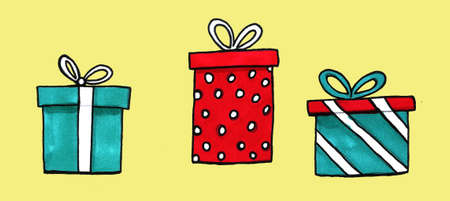 watercolor holiday presents illustration, wrapped gift boxes, birthday party design elements set, festive clip artの写真素材