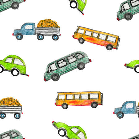 watercolor different doodle cars on white backgroundの写真素材