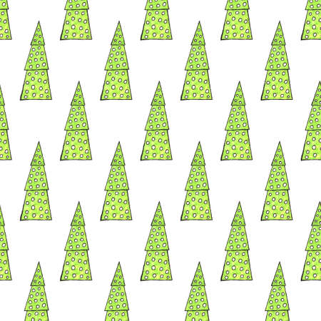 Watercolor decorated Christmas tree seamless pattern. Hand drawn evergreen plants, balls. Spruce backdrop for design, cards, kids illustration, wrapping paperの写真素材