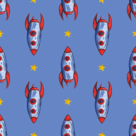 Hand drawn with pencil watercolor Space Background for Kids. Cartoon Rockets, Planets, Stars, Astronaut, Comets and UFOs.の写真素材