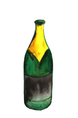 champagne bottle and glass, drawing by watercolor hand drawn illustrationの写真素材